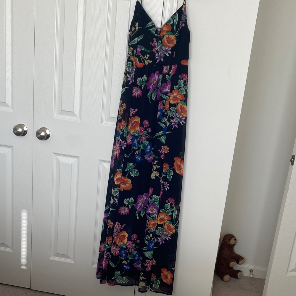 Express Navy Floral Maxi Slip Dress with Orange & Purple Blooms